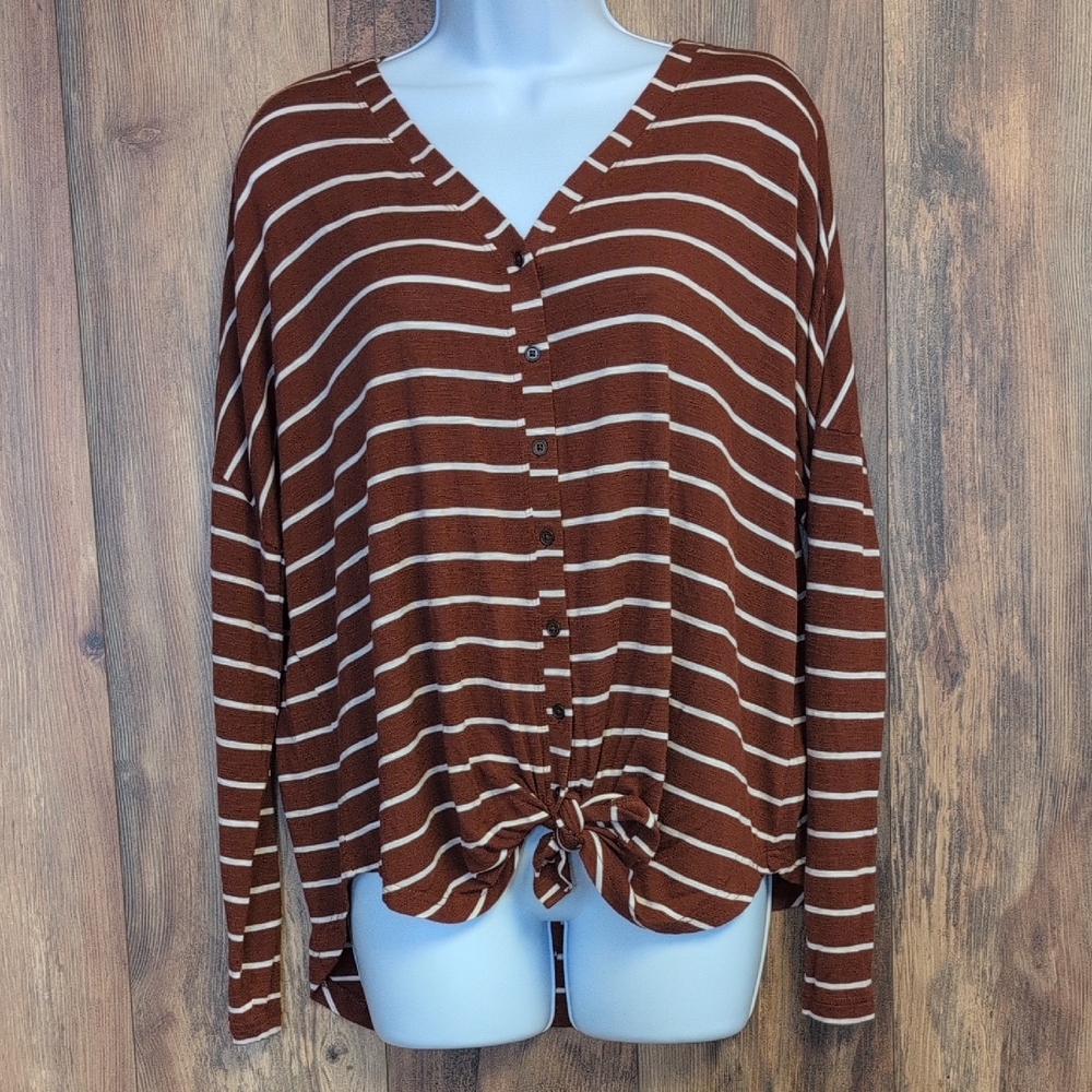a.n.a Brown Striped Button-Down Knit Top S               C165